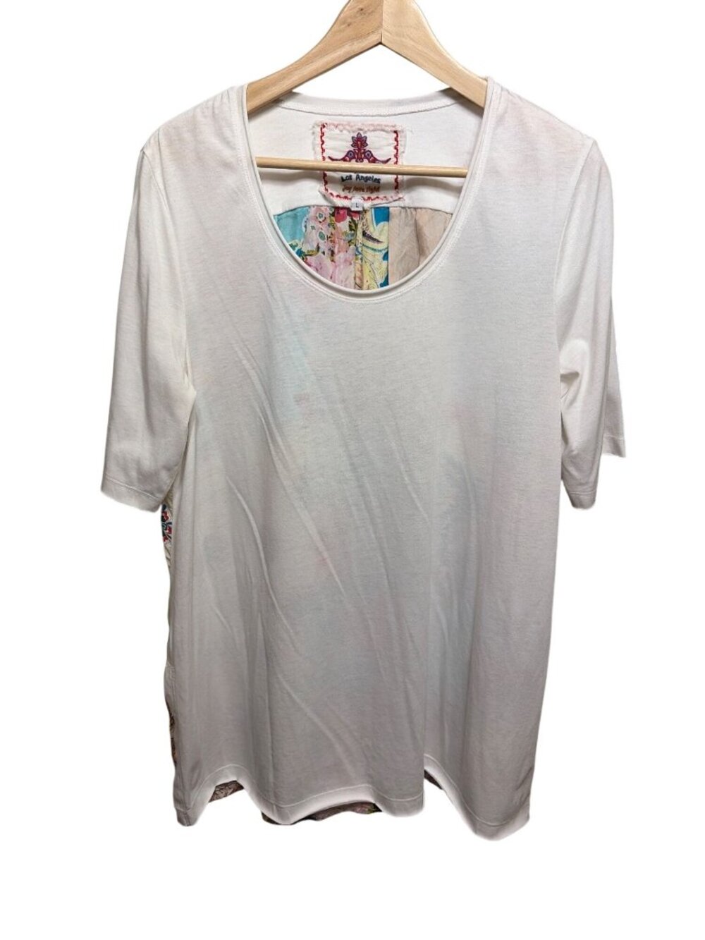 JW Los Angeles White Floral Patchwork Back Top Sz L Cotton‎ Blend Oversized Boho